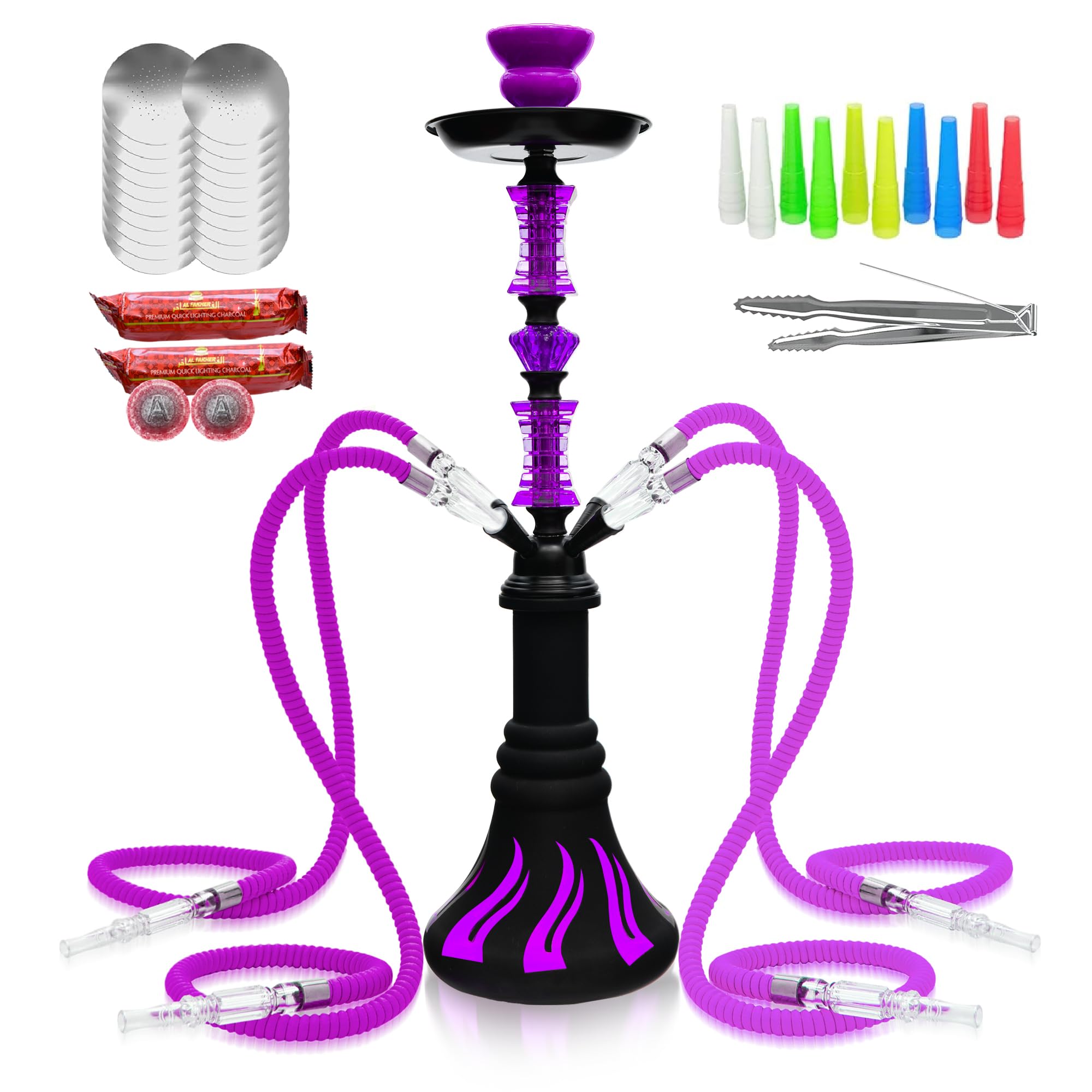 Photo 1 of 22" Hookah Set with Everything,Premium Hookah Shisha set,Up to 4 Persons Hookah Complete Set with 100 Disposable Tips,50 Pre-Punched Aluminum Foil,20 Coals(PURPLE)