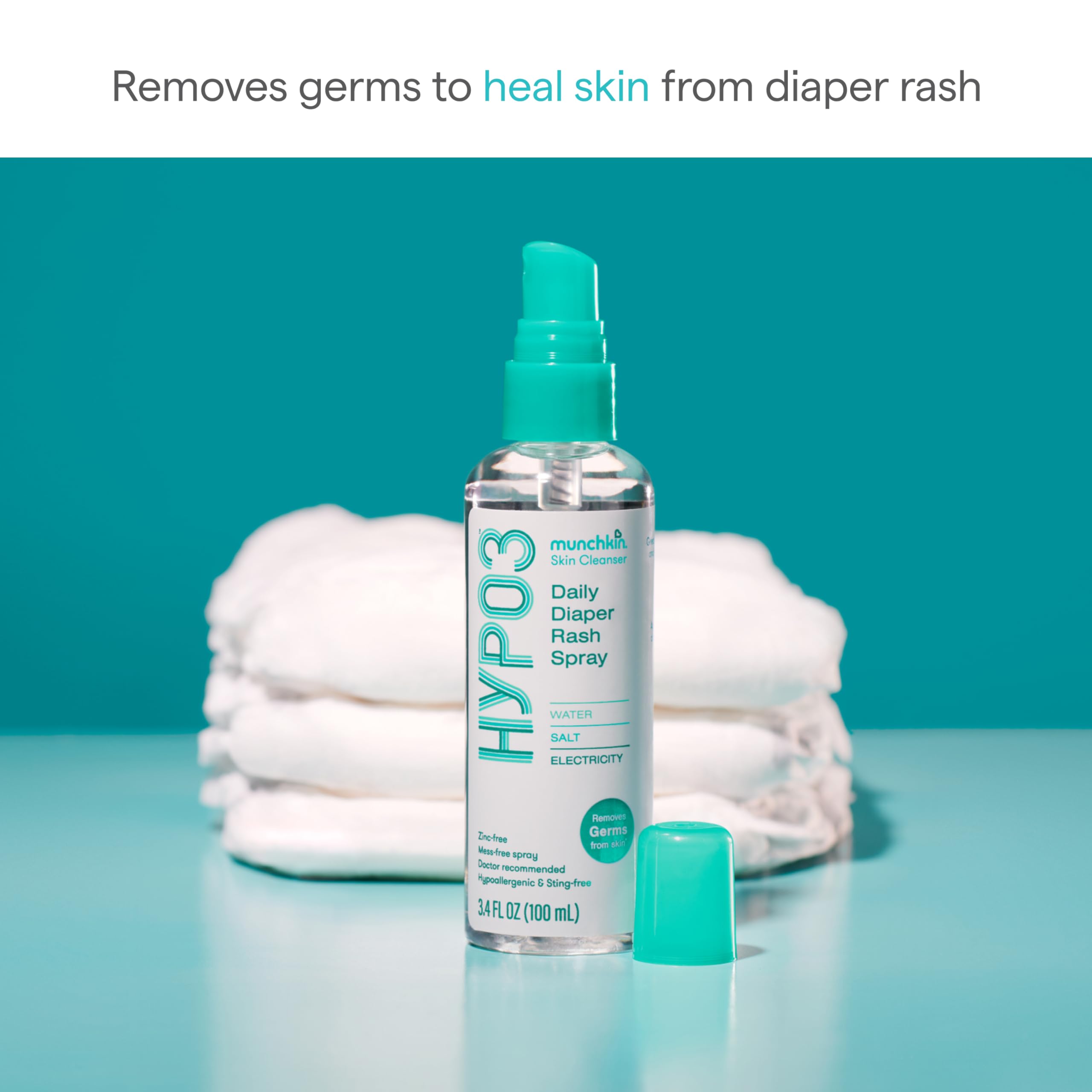 Munchkin® HYP03 Diaper Rash Hypochlorous Acid Spray for Face and Body, FSA Eligible, Removes Rash-Causing Germs, Helps Promote Healing, Gentle for Sensitive & Eczema-Prone Skin, 3.4oz