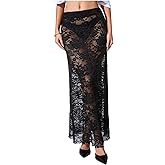 GORGLITTER Women's Lace Goth Bodycon Maxi Skirts Y2K High Waisted Sheer See Through Gothic Long Skirts