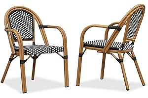 PURPLE LEAF French Bistro Chairs Set of 2 Aluminum Wicker Rattan Hand-Woven Armchairs Outdoor Dining Chairs for Patio Kitchen Garden Bamboo Print Finish Black White
