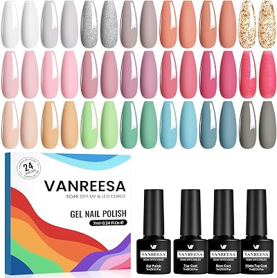 VANREESA Gel Nail Polish Set 24 PCS UV LED Kit with Base Top Coat 8ml