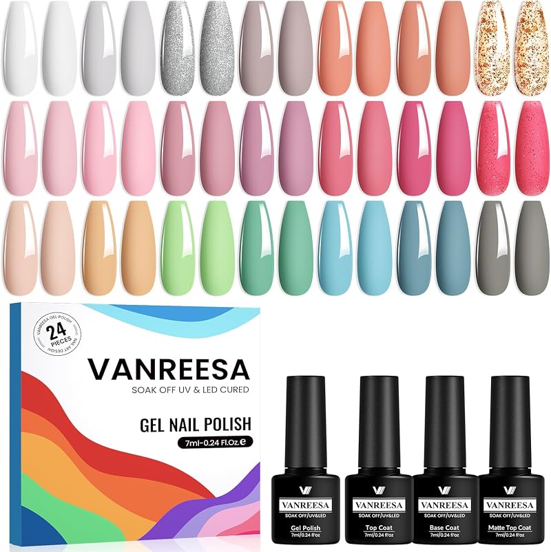 VANREESA Gel Nail Polish Set 24 PCS UV LED Kit with Base Top Coat 8ml