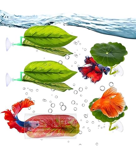 5-Piece Betta Fish Tank Accessories Set: Non-Tear Soft Aquarium Plants, Acrylic Hideout Tube Tunnel & Leaf Hammock for Stress-Free Environment – Safe Decorations with Spare Suction Cups Pet Supplies