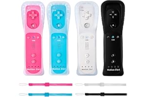 DTianSir 4Pack Motion Plus Wii Remote Controllers with Silicone Case & Wrist Strap,Wii Remote Controllers with Built in Motion Plus Compatible for Wii U Consoles (Black+White+Blue+Pink)