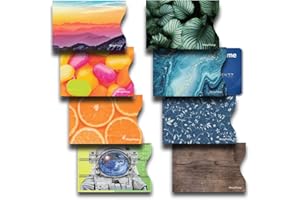 HOZYFROZY 8 RFID Blocking Sleeves, Credit Card Protector, Anti-Theft Credit Card Holder, Easy to Recognize, 8 Different Themes, Wood, Denim, Leaves, Candies, Oranges, Vivid Sky, Astronaut, Blue Ink Swirl