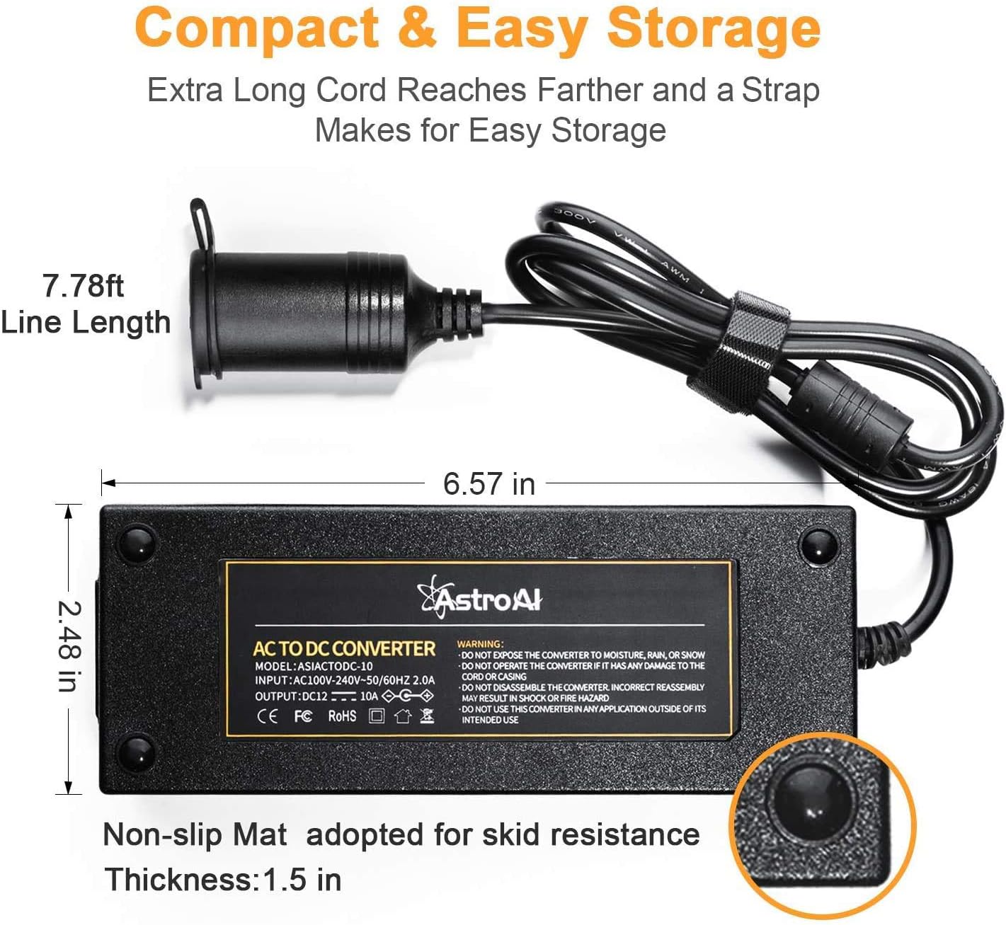 AstroAI AC to DC Converter, 10A/110Vto12V DC/120W/7.78FT, Car Cigarette Lighter Socket AC/DC Power Supply Adapter Transformer for Inflator, Car Refrigerator, and Other Car Devices: Automotive