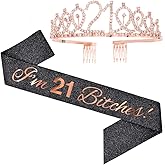 I'm 21 Bitches! Sash & Rhinestone Tiara Set - 21st Birthday Gifts for Women - Party Supplies (Black Glitter/Rose Gold)
