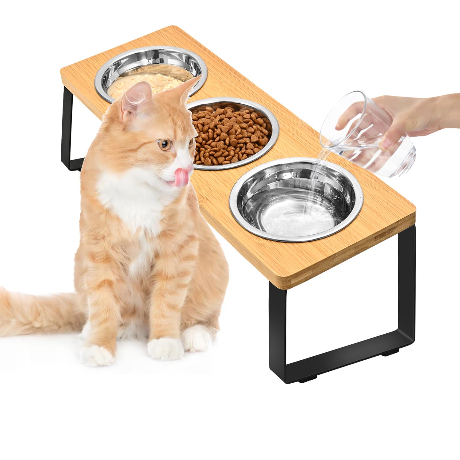 Photo 1 of FTKINGDER Raised Cat Food Water Bowl?Small Dog 15 ° Tilted Elevated Food Feeding Tray with Three Stainless Steel Bowls to Protect The Spine of Cats and Dogs from Vomiting (Wood Color) (3 Bowls)