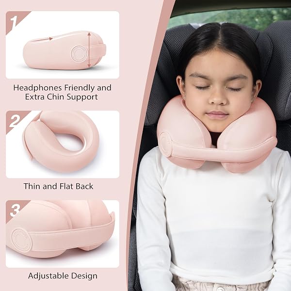 URNEXTTOUR CAR PILLOW FOR BIG KIDS TRAVEL NECK PILLOWS, MEMORY FOAM NECK SUPPORT TRAVELLING PILLOW WITH WASHABLE COTTON PILLOWCASES AND STORAGE BAG, FOR AIRPLANE, TRAIN, FLIGHT AND HOME USE PINK