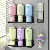 DTUQYX Magnetic Stanley Cup Holder For Fridge, 4 Pack Water Bottle Organizer for 20 30 40 oz Stanley Tumbler, with Straw & Lid Holder, Stanley Cup Accessories for Kitchen, Spice Jars (Black)