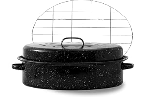 GRANITE BOWL Oval Roasting Pan with Lid and Rack 18" Large Roaster Pan Set Comes With Lron Rack Enamel Cook Ware Dishwasher Compatibility Granite Oven Roaster