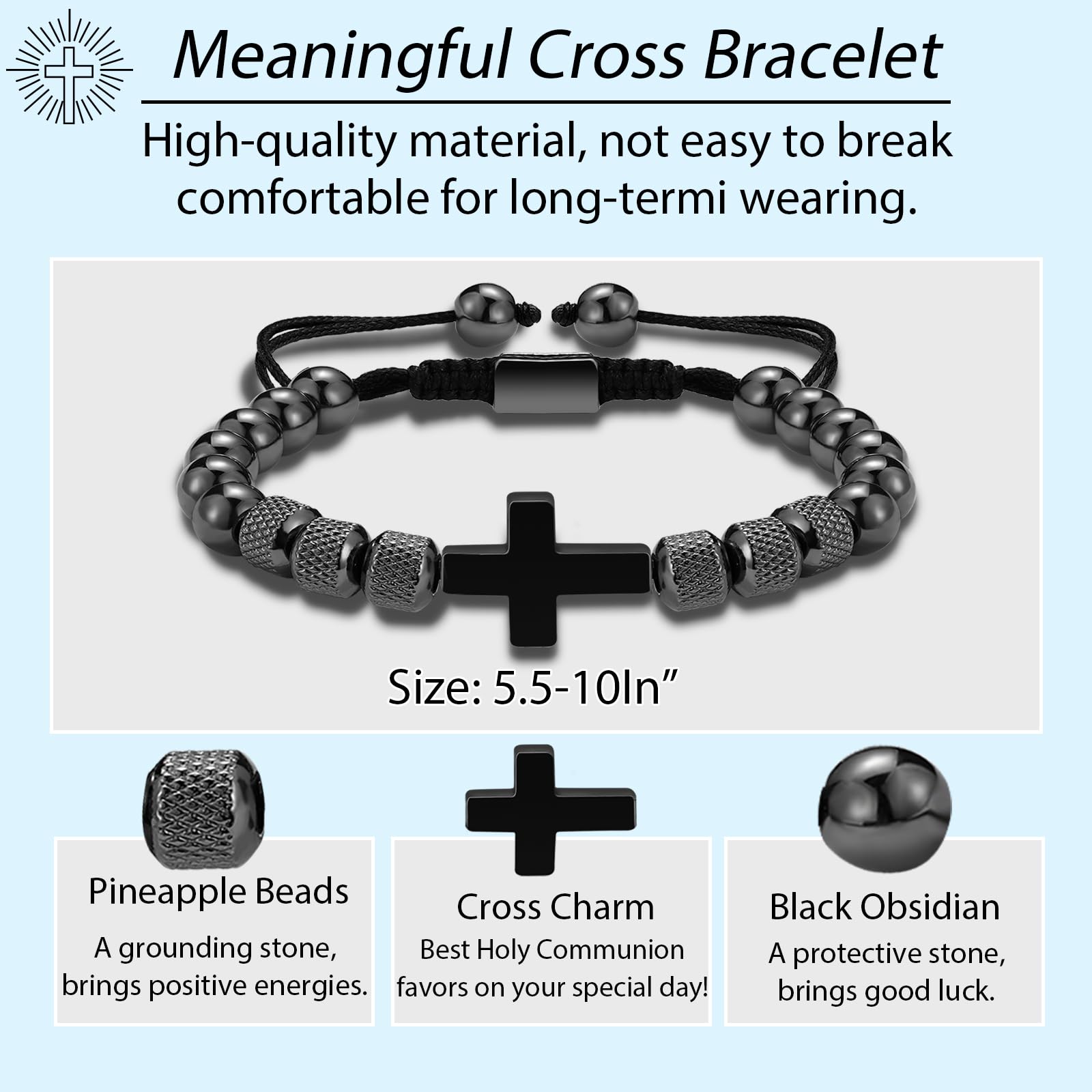 VULETO Cross Bracelet Gifts for Boys Men, Adjustable Obsidian Beads Bracelet Christian Religious Bapstim Jewelry Gifts for Son Grandson Teenage Teen Boys