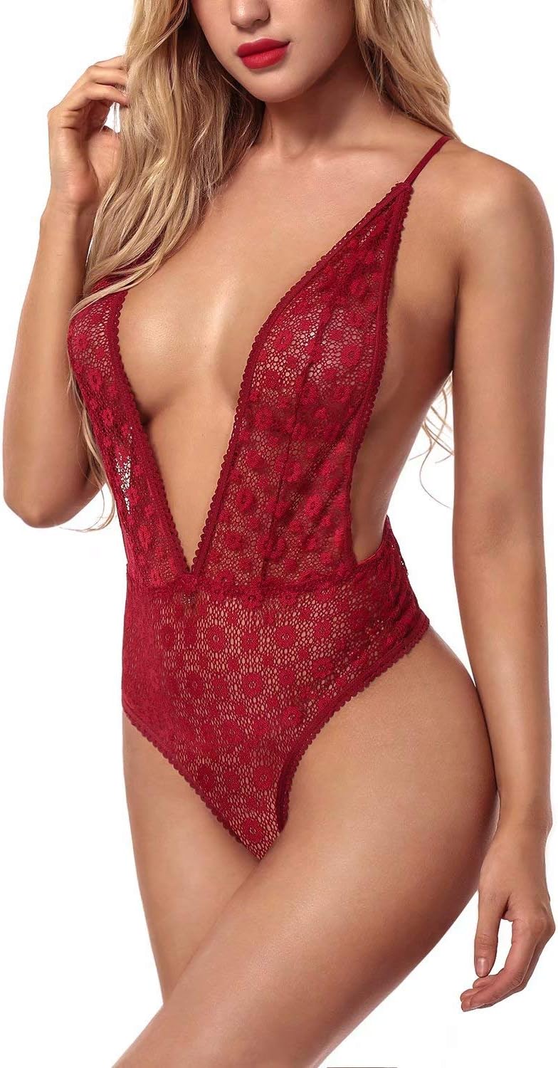 Garmol Women Lingerie One Piece Lace Teddy Plunging Bodysuit Crisscross Straps Nightwear