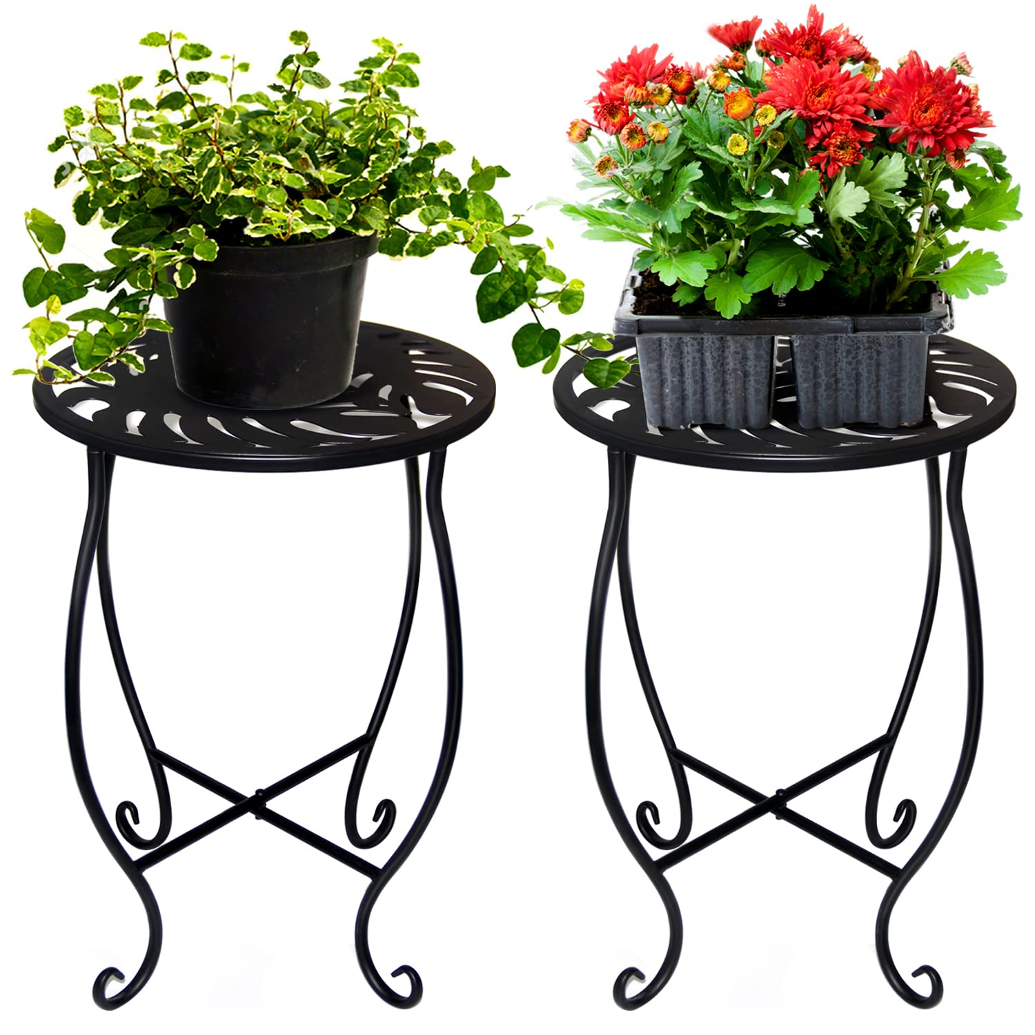 BNGGOGO 15'' Tall Black Metal Plant Stand, 10-inch Round, 2 Pcs Set, Rustproof, Indoor & Outdoor Use, 13.6 kg Load Capacity