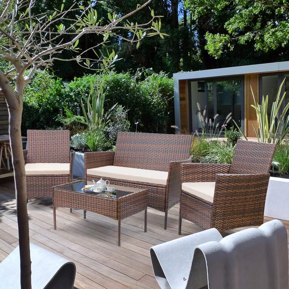 Homall 4 Pieces Outdoor Patio Furniture Sets Rattan Chair Wicker Set, Outdoor Indoor Use Backyard Porch Garden Poolside Balcony Furniture Sets (Brown and Beige) : Garden & Outdoor