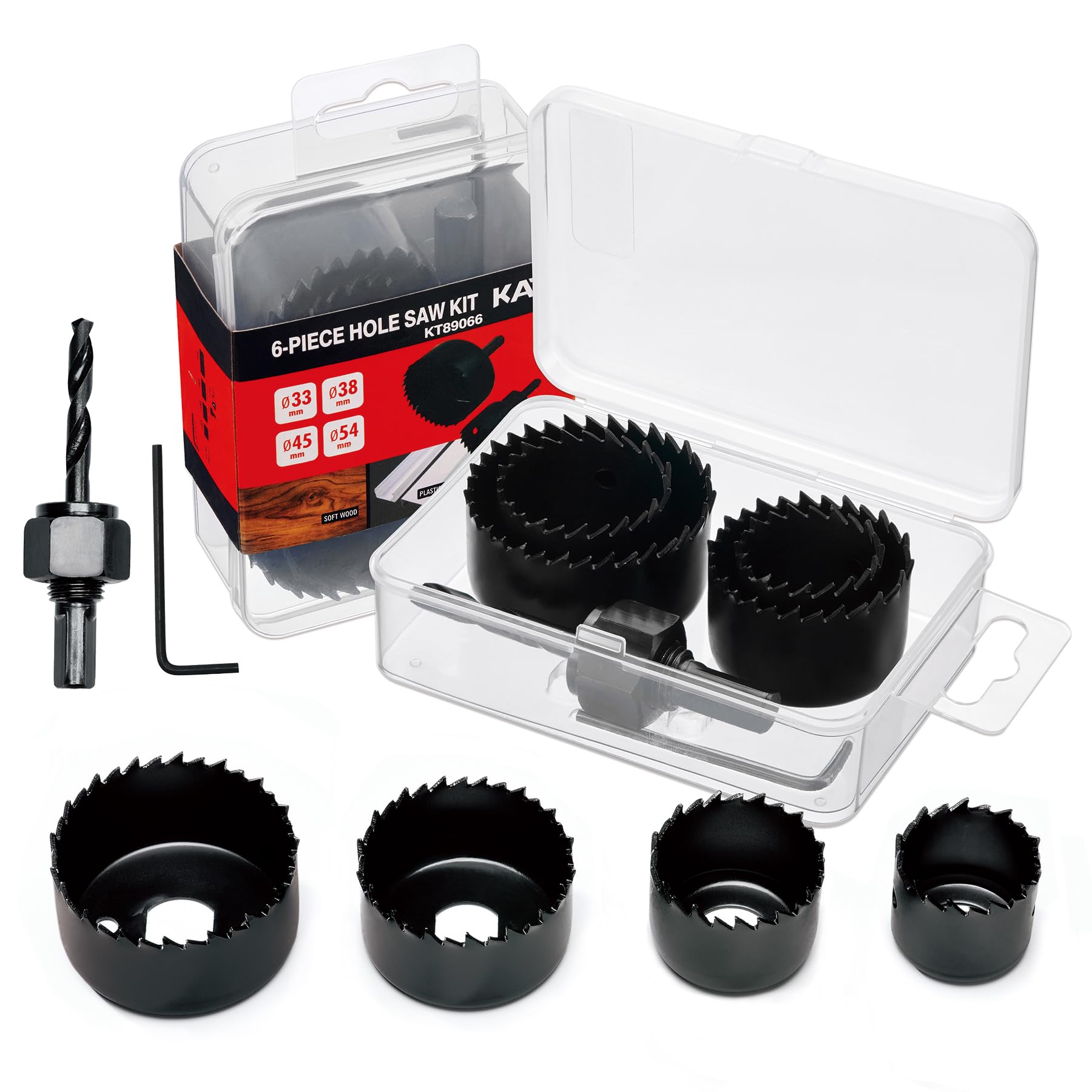 KATA 6PCS Hole Saw Kit 1-1/4" to 2-1/8"(33-54mm) Hole Saw Set in Case with Mandrels and Hex Key for Soft Wood, PVC Board, Plywood