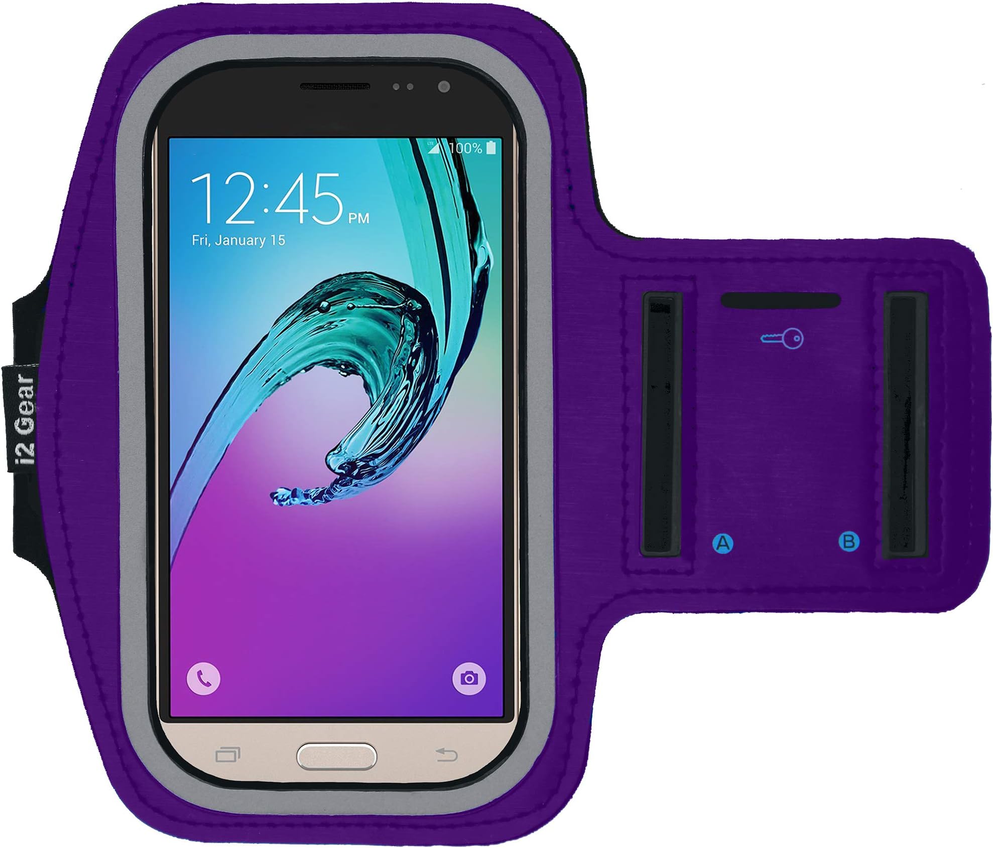 i2 Gear Running Armband Case for Samsung Galaxy J3, Emerge, Pro, Eclipse, V, Prime and Luna Mobile Cell Phones with Adjustable Sport Band, Reflective Border and Key Holder (Purple)