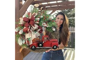 LESHP Artificial Christmas Door Wreath,15 Inch Christmas Wreath for Front Door,Rustic Farmhouse Christmas Wreath with Red Truck, Bow-Knot,Berries,Suitable for Indoor and Outdoor Christmas Decoration
