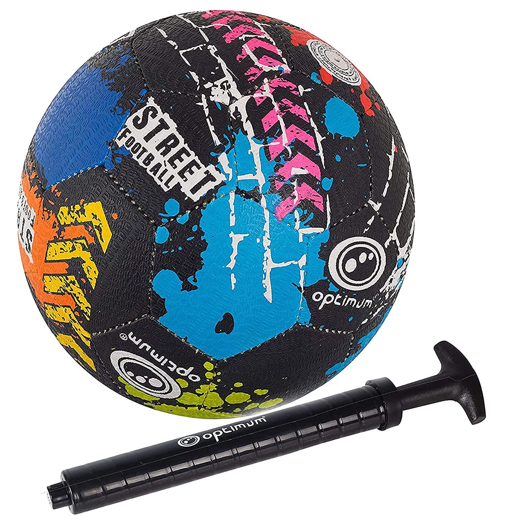 Optimum Unisex Street Football - Top-Grade Durable Korean Rubber, Long-Lasting Tire Grip, Ideal for Concrete & Asphalt, All-Weather, Multi-Colour,Size 3 With Pump