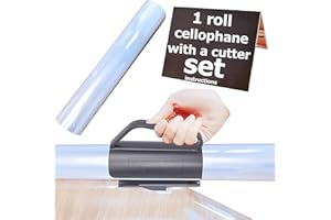 THMORT Clear Cellophane Wrap Roll with a Cutter Dispenser Set for Gift Wrap 16 Inch X 100 Feet Fruit Food Package Thick Cellophane Roll for Basket Gift Arts Craft wrapping Cellophane