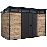 Transform Your Outdoor Space with Our Premium Signature Collection Resin Storage Shed, Wooden Look, Black and Brown, (11' x 7')