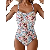 Eomenie Women's One Piece Swimsuit Tummy Control Slimming Bathing Suit Ruched Swimwear Tie Back Shell Stitch Swim Suit