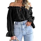 Imily Bela Womens Off The Shoulder Tops Puff Long Sleeve Tie Front Loose Fit Ruffle Shirts Blouses