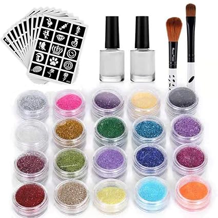 Glitzertattooset:Neues Glitzer mit20 großen Glitzertuben & 80 Schablonen. Tattoo-Kit, Temporäre Tattoos für Kinder, Teenager 