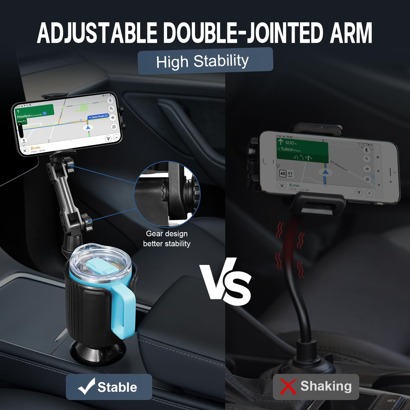 This Hill Upgraded Cup Holder Phone Mount, 2 in 1 Universal Adjustable Long Neck, Compatible with iPhone 14 Pro Max/SE/8/7/6, Samsung & All Smartphones, Black