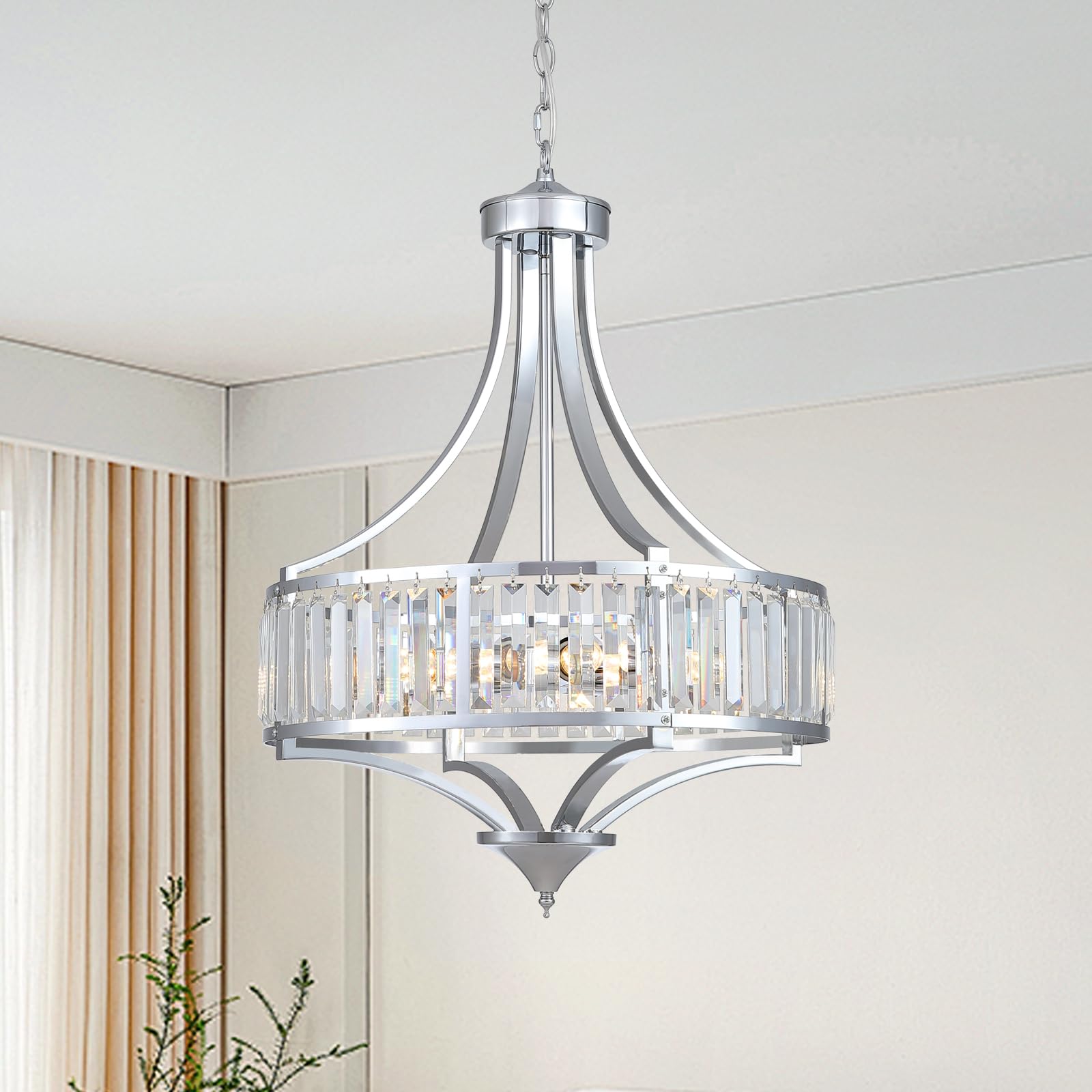 Photo 1 of 3WWWUEE Modern Chrome Crystal Chandelier, 20 Inch Large Ceiling Pendant Light Fixture with 50'' Adjustable Hanging Chain, 5-Light Farmhouse Chandelier for Dining Room, Living Room, Bedroom, Entryway