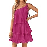 ZESICA Women's Boho Summer One Shoulder Sleeveless Ruffle Tiered Layered Chiffon Pleated A Line Flowy Mini Dress