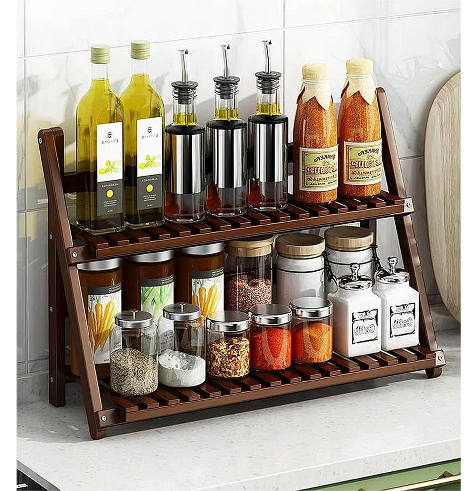 Dreamhousey Kitchen Storage Rack Household Countertop Spice Rack, 2-Tier Multifunctional Spice Rack Simple Modern Flower Rack Bamboo Wood Organizer (Brown, L)