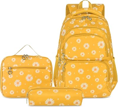 Mochila escolar para raparigas, adolescentes, mulheres, mochila escolar, conjunto de mochila escolar para raparigas, escola, tempo livre, com saco e mala para almoço, amarela, mochila para crianças