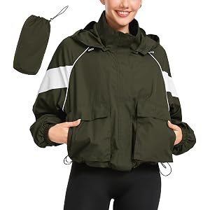 PESION Womens Waterproof Rain Jacket Cropped Lightweight Raincoat Athletic Outdoor Running Hiking Windbreaker Sporty Jackets