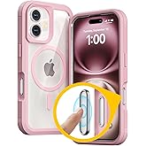 Follaroma for iPhone 16 Plus Case with Camera Control Capture Button, Compatible with MagSafe, Heavy Duty Shockproof Protection, Transparent Magnetic Phone Case for iPhone 16 Plus, 6.7 inch, Pink
