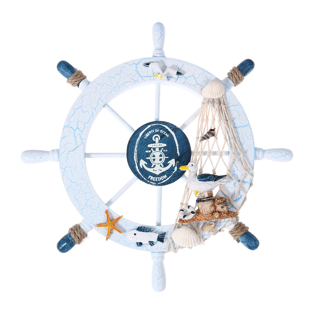 Healifty Wooden Wheel Nautical Boat Ship Wheel Fishing Net Shell Home Wall Party Decor
