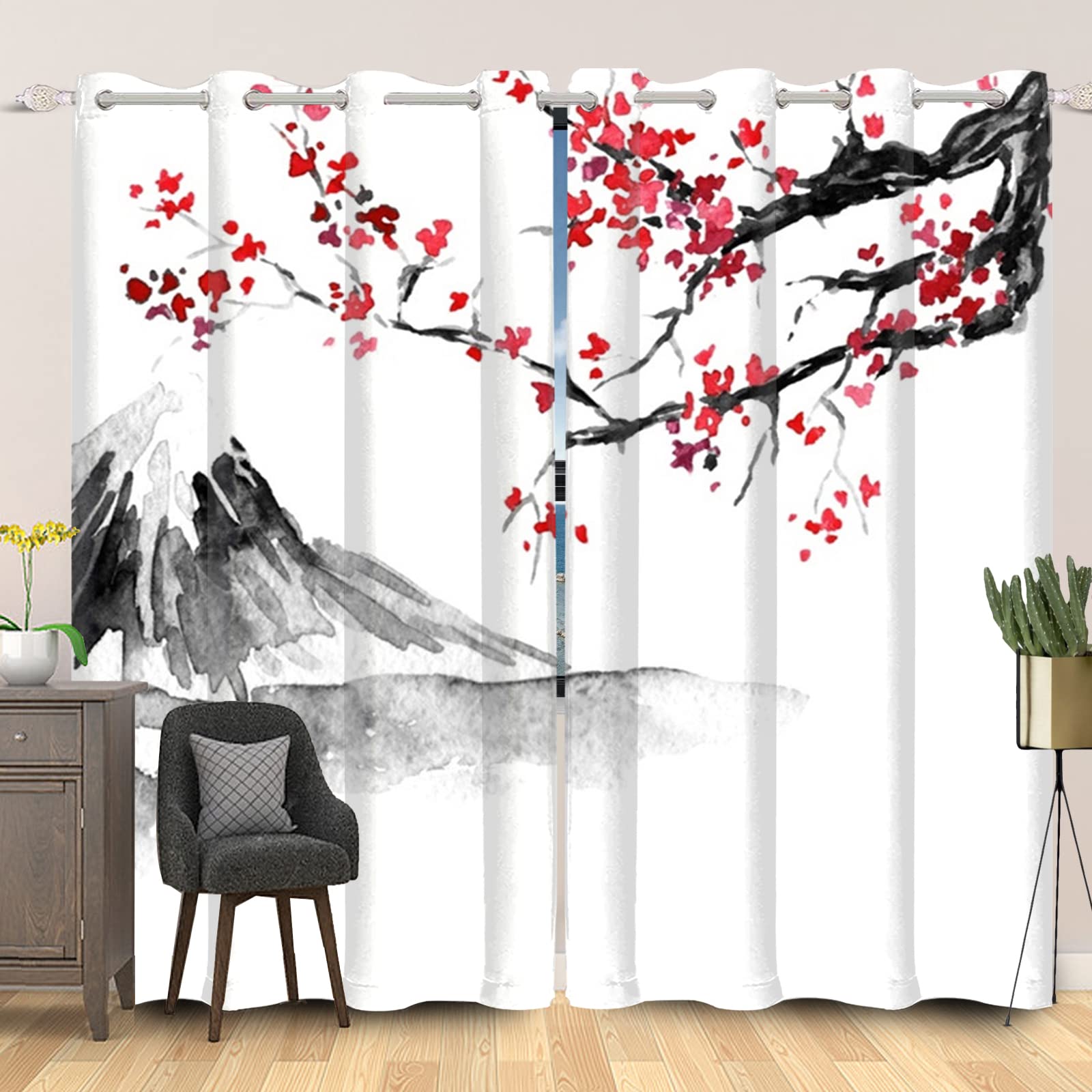 SDOTPMT 42x84inch Japanese Ink Painting Window Curtain Red Cherry Blossom Abstract Mountain Window Drapes Oriental Traditional Window Curtain for Living Room Bedroom Blackout Curtains, 2 Panels