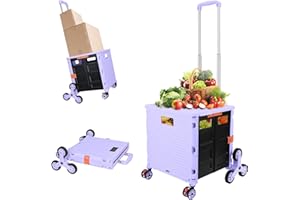 FELICON SELORSS Folding Utility Cart Portable Rolling Crate Handcart with Stair Climbing Wheels&360°Swivel Wheels Telescoping Handle Plastic Box Dolly for Travel Shop Move Office Teacher Use(Purple)