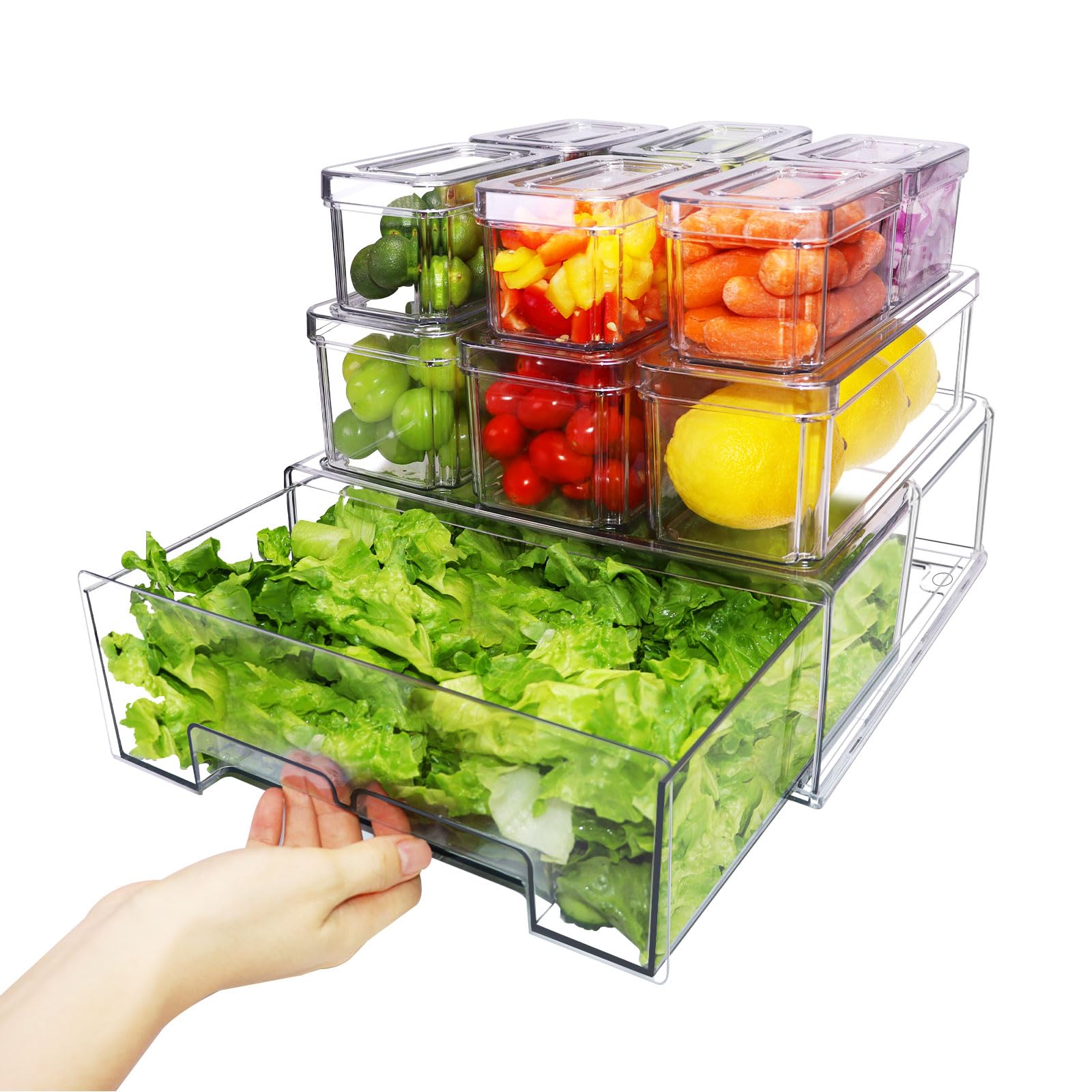 Photo 1 of YINGRACE 10 Pack Fridge Organizer Bins, Stackable Refrigerator Organizers and Storage, With a Pull-out Large Drawer, BPA-Free Clear Containers For Fruit, Vegetable, Drinks