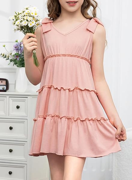 BLIBEAN GIRLS SUMMER DRESSES TEEN KIDS BOHO BEACH SLEEVELESS SUNDRESS CASUAL SOLID TRENDY FLARE A-LINE SUN DRESS TIERED OUTFITS SIZE 14 15 16 YEAR OLD PEACH PINK