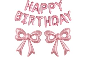 BSRESIN Pink Happy Birthday Balloons, 31”Huge Pink Bow Aluminum Foil Balloons for Girl Woman Birthday, Princess, Coquette Party Decorations Supplies