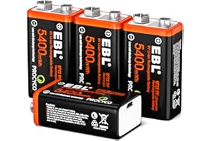 EBL Rechargeable 9V Batteries, 5400mWh USB 9V Lithium Rechargeable Battery (9V Batteries- 4 Pack)