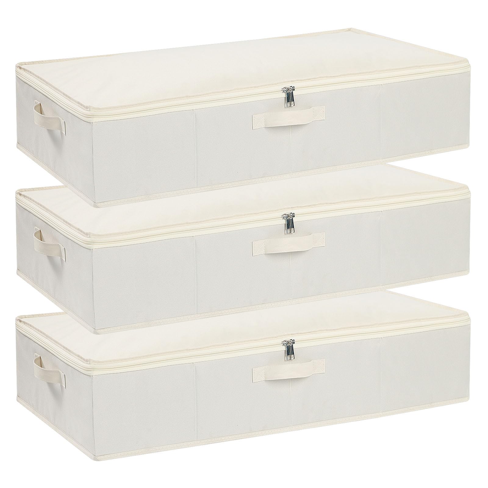 YheenLf Under Bed Clothes Storage Bgas with Lid, Underbed Drawers with Reinforced Handles for Blanket, Sheets, Clothing, Shoes, Beige, 3-Pack, 60×30×15 cm