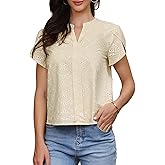 Allegra K Work Tops for Women V Neck Embroidery Eyelet Petal Short Sleeve Dressy Casual 2026 Elegant Office Blouse