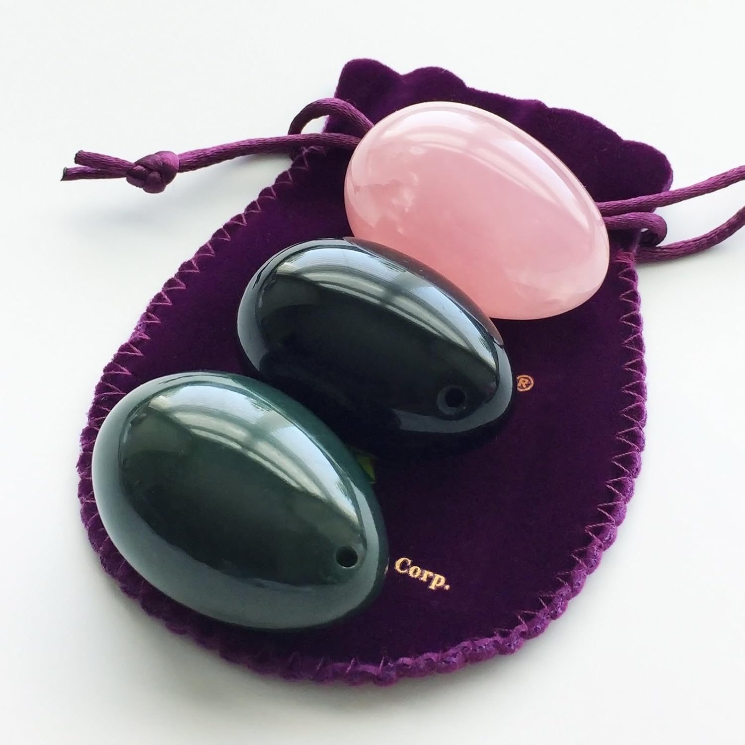 Yoni Eggs 3-pcs Set Made of 3 Gemstones: Nephrite Jade, Rose Quartz & Obsidian, All Medium Size and Drilled - Image 4