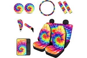 BIGCARJOB 12 Pack Tie Dye Car Accessories for Womens Gifts,Include Tie Dye Printed Car Seat Covers Back Seat Protector Pet Dog Pads,Steering Wheel Cover, Armrest Cover, Seat Belt Pads Cover,Coasters