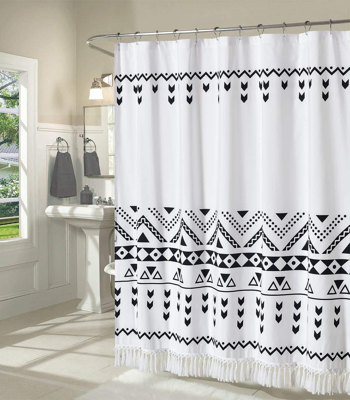 Tassel Shower Curtain, Black and White Boho Tribal Striped