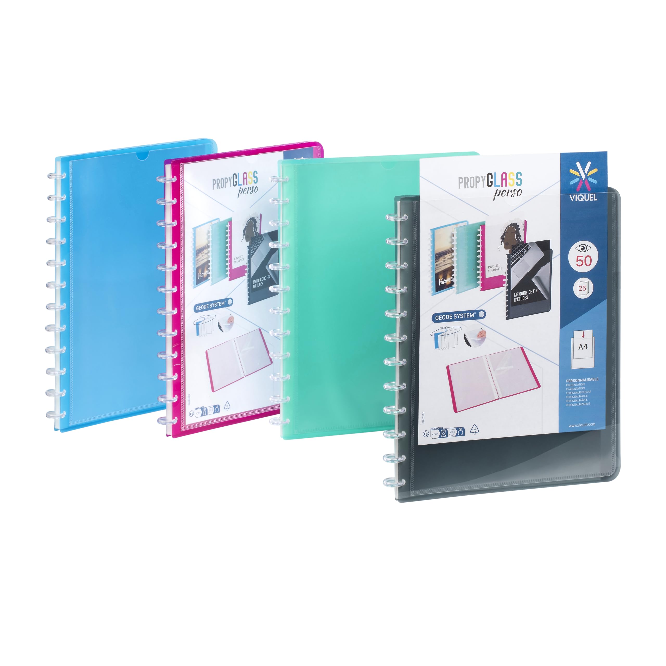 Viquel Geode A4 Customisable Display Book with 25 Repositionable Pockets - 50 Pockets - 4 Colours - Pack of 10