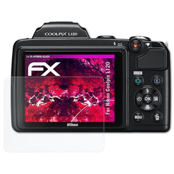 atFoliX Glasfolie kompatibel mit Nikon Coolpix L120 Panzerfolie, 9H Hybrid-Glass FX Schutzpanzer Folie