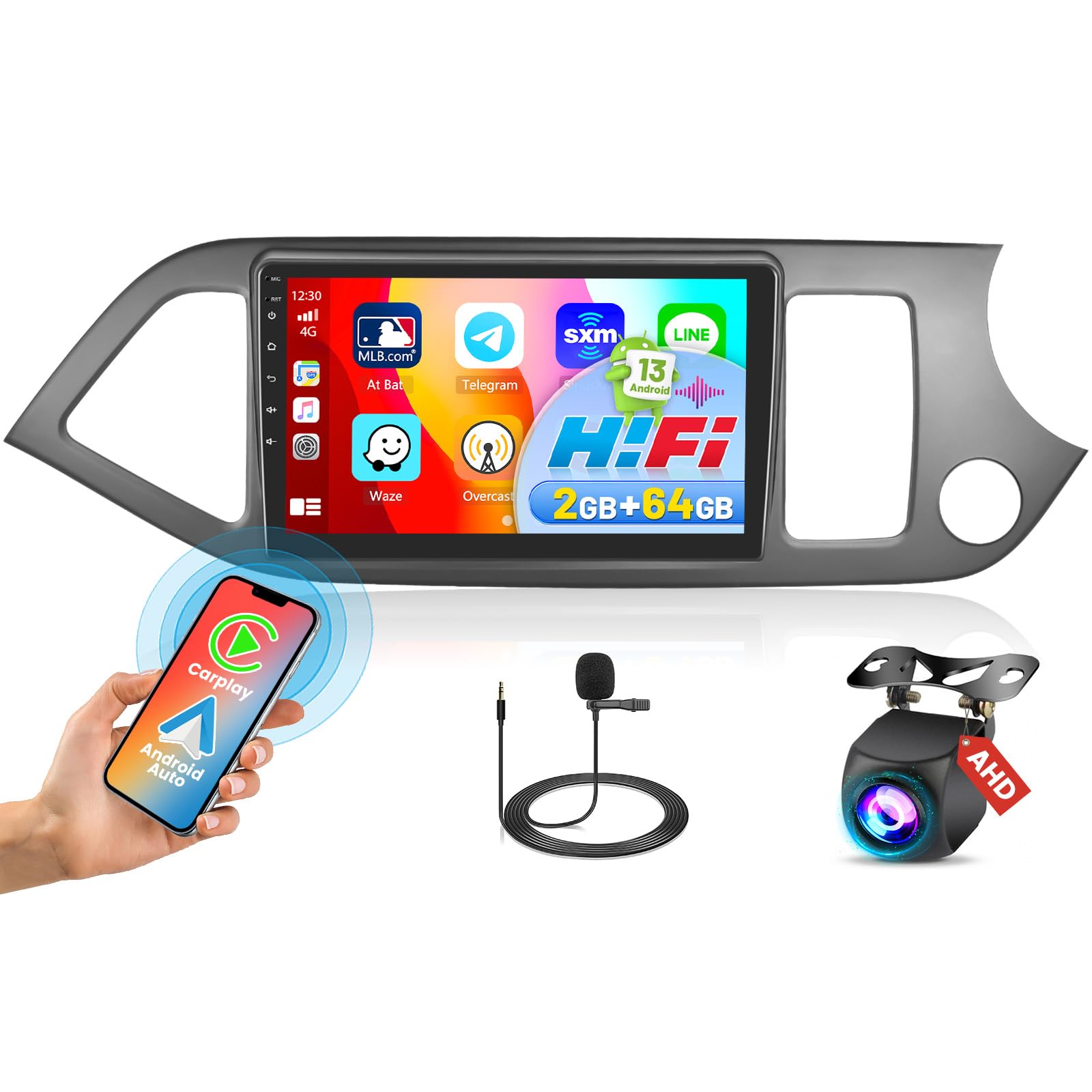 2+64G Hikity Android 13 Radio for Kia Picanto Morning 2011-2017 with Wireless Carplay Android Auto, 9 Inch Touchscreen Stereo with GPS Navigation WiFi BT FM RDS SWC Reverse Camera